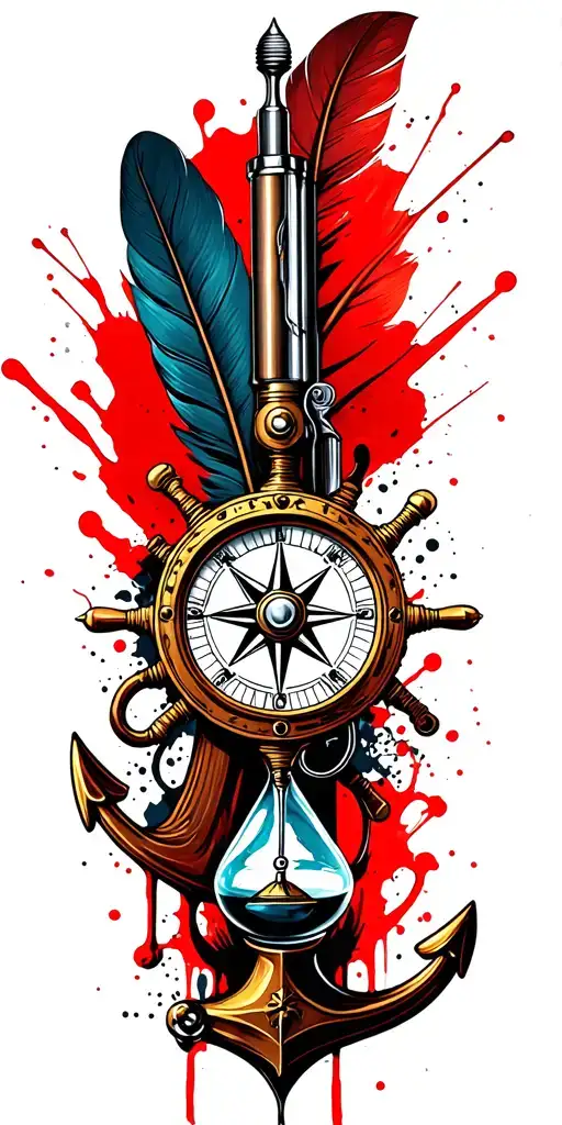 US Navy flintlock pistol, a quill pen, a nautical compass, a fouled anchor, a ship's wheel, and an hourglass tattoo design idea
