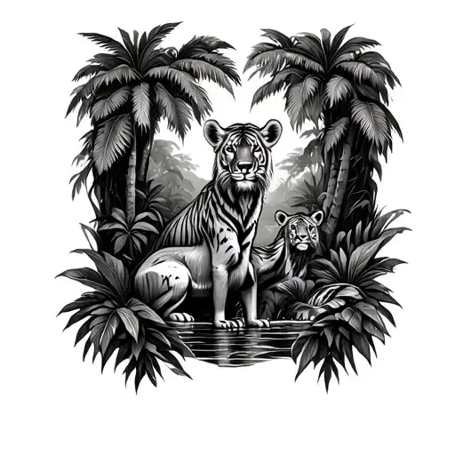 jungle with wildlife inside tattoo design idea