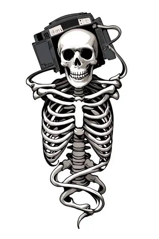skeleton with vhs tape scroll twining tattoo design idea