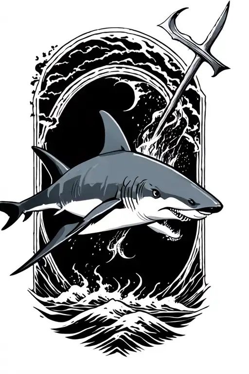 Thresher shark jumping, Trident de poseidon god tattoo design idea