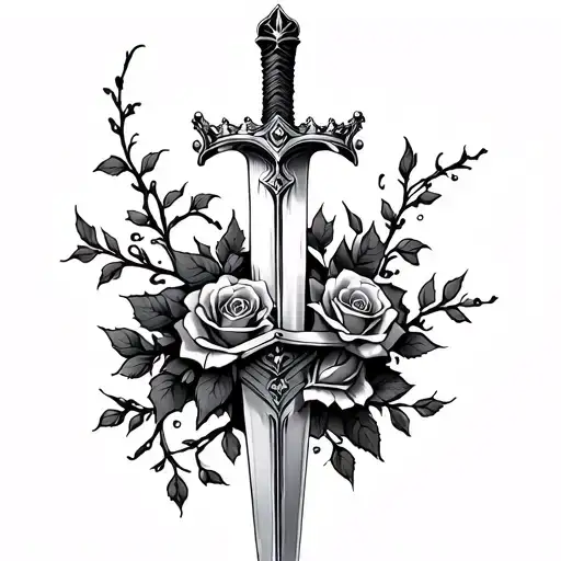 sword with rose and vines wrapped and a jesus crown wrapped around the top tattoo design idea