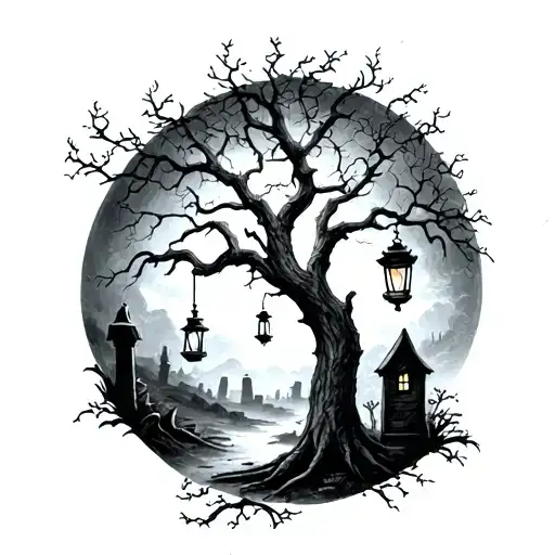 graveyard with tree and hanging lantern tattoo design idea