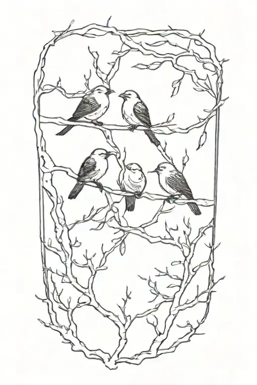 The design features three small birds in black silhouette, each perched on a delicate, slender branch.  tattoo design idea
