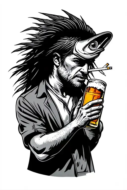 mullet fish holding beer and cigarettes fucked tattoo design idea