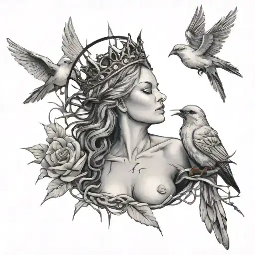 doves, crown of thorns, nude angel tattoo design idea