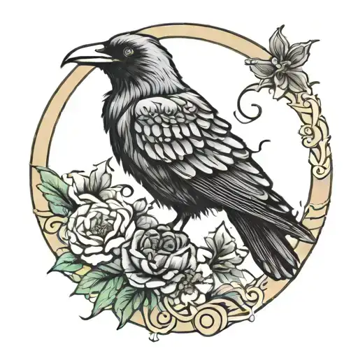 crescent moon flowers raven perched tattoo design idea