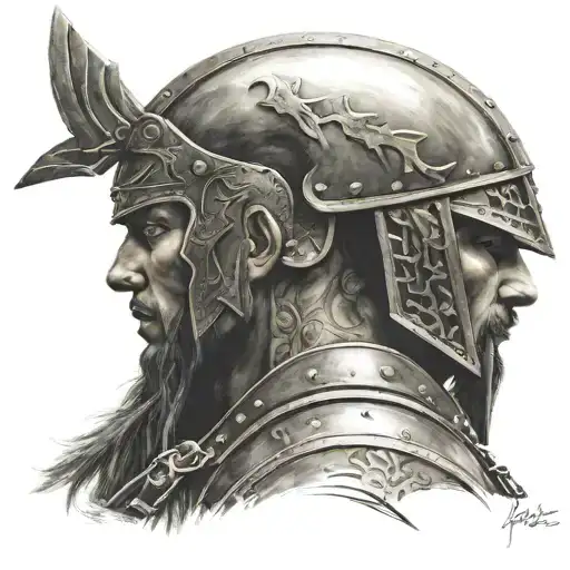 A side-profile portrait of a warrior gazing forward with calm intensity tattoo design idea