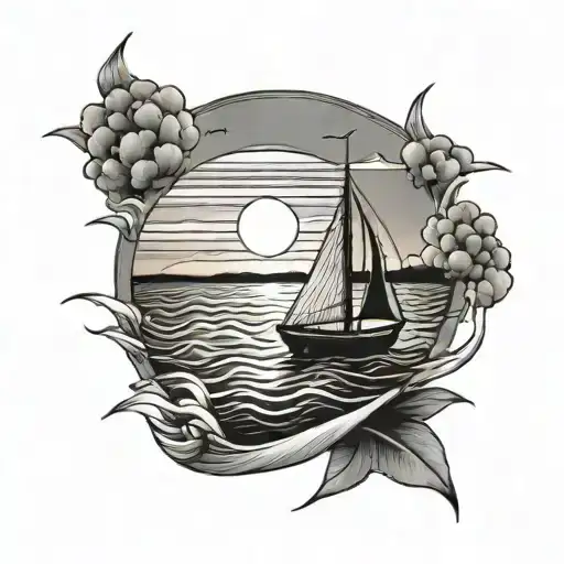 boat sailing a peaceful open sea at sunset tattoo design idea
