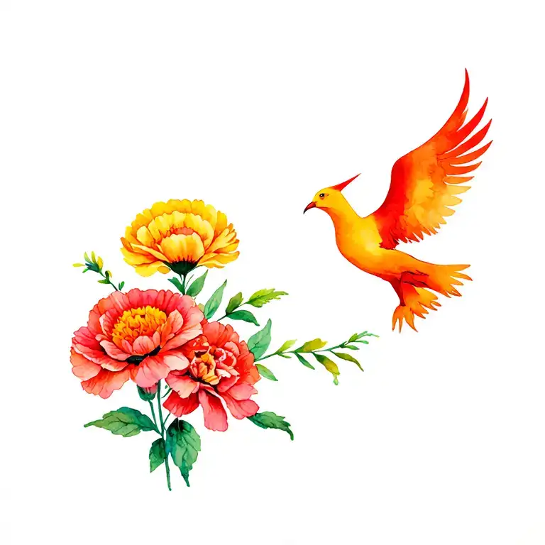 marigold with carnation and phoenix rising tattoo design idea