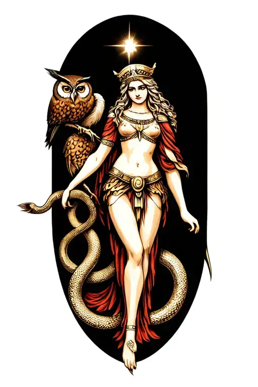 goddess athena with owl and snake tattoo design idea