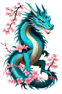 Create a tattoo idea for an arm sleeve of a light blue hue Wyeth dragon, Japanese style with cherry blossoms with pink h tattoo design idea