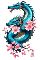 Create a tattoo idea for an arm sleeve of a light blue hue Wyeth dragon, Japanese style with cherry blossoms with pink h tattoo design idea