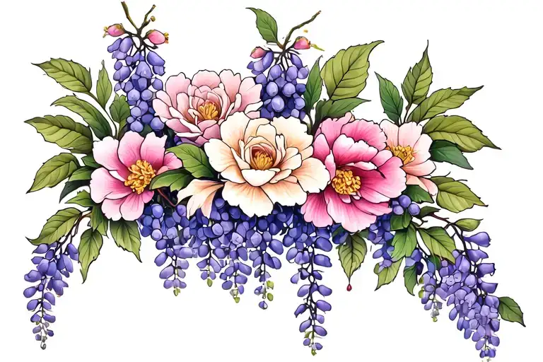 upper thigh and stomach tattoo with japanese sakura flowers, japanese wisteria, japanese wisteria, japanese peony, rose tattoo design idea