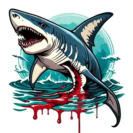 shark with blood semi skeleton around the sea tattoo design idea