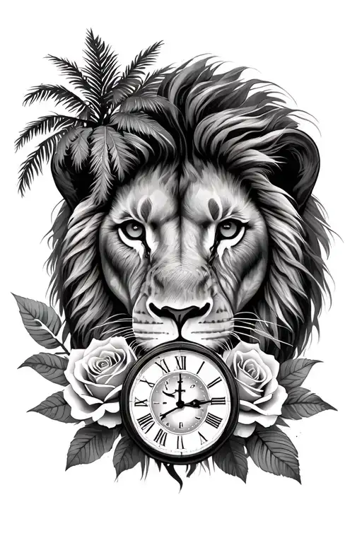 lion face , palm tree, roses, analog clock, nursing  tattoo design idea