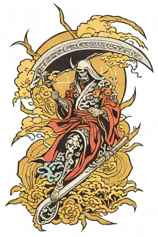 Japanese style leg tattoo with a reaper with clouds and lightning tattoo design idea