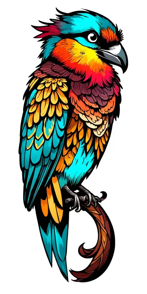 “Colorful full-sleeve tattoo design in comic and Rockabilly style. Upper arm: stylized cartoon desert bird with turquois tattoo design idea