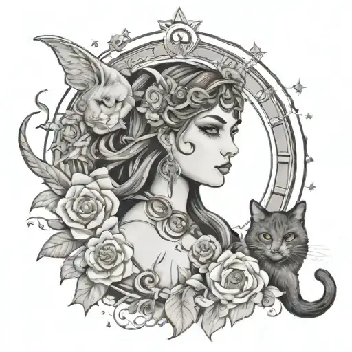 Hecate surrounded by flowers rainbow and moon and stars with cat tattoo design idea