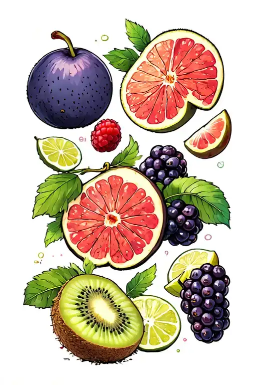pear, kiwi, figs, grapes, raspberries, blackberries, lime, coconut, grapefruit tattoo design idea