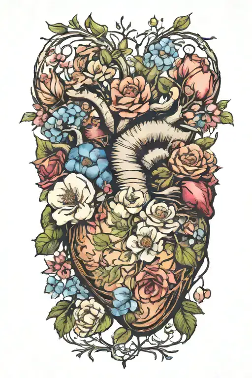 birth flower bouquet with May, August, October, November, February flowers connected  tree branches and anatomical heart tattoo design idea