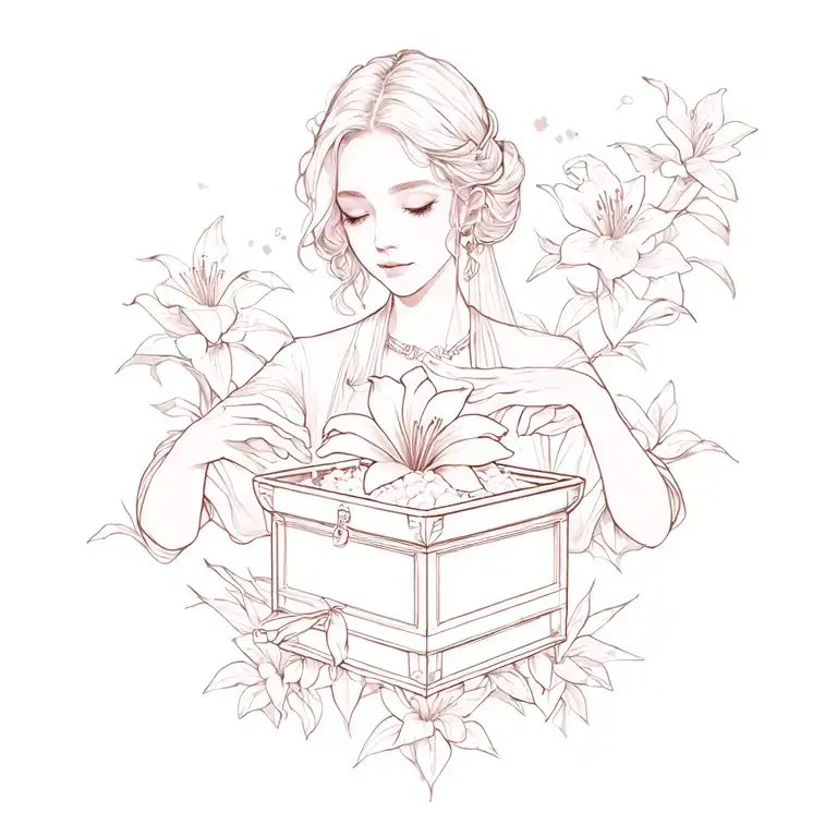 top half of a lady opening pandoras box and it has a lily flower inside. the background is all sakura blossom  tattoo design idea