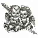 baby evil and baby angel holding a sword tattoo design idea