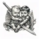 baby evil and baby angel holding a sword tattoo design idea