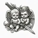 baby evil and baby angel holding a sword tattoo design idea