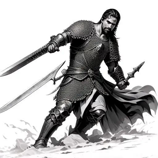 Christian warrior wielding his sword in chain mail armor tattoo design idea
