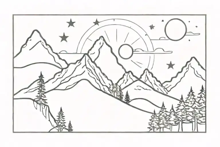 three mountains with three stars above, a wave, trees and a sun tattoo design idea