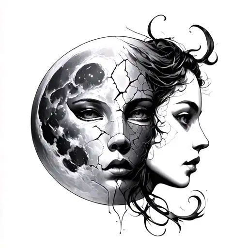 Sagittarius, dark feminine, face behind cracked mask, waxing gibbous moon, 1987, smoke tattoo tattoo design idea