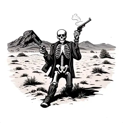 skeleton walking away from view in a desert smoking a cigarette and holding a revolver tattoo design idea