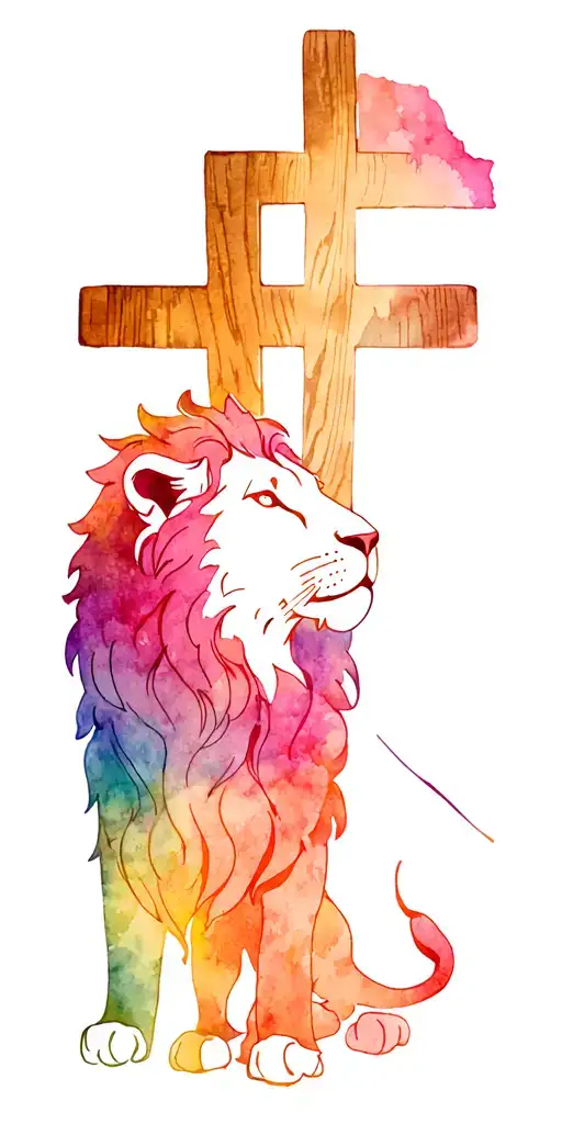Jesus, wooden cross, and lion tattoo design idea