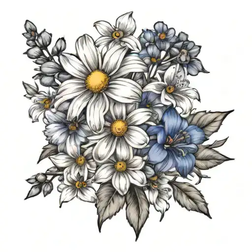 daisy and delphinium bouquet tied tattoo design idea