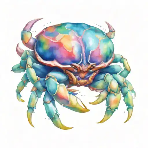 giant psychedelic crab covered in vivid paint with a hint bulging eye ball in the center of its back  tattoo design idea