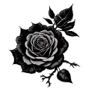 tree silhoutte with its roots connected to a a upside down black rose, add a bible verse that represent strenght and gro tattoo design idea