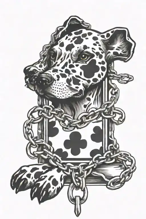 dog paw print with collar around it and 2 chains dangling down and 2 bones attached to each chain tattoo design idea