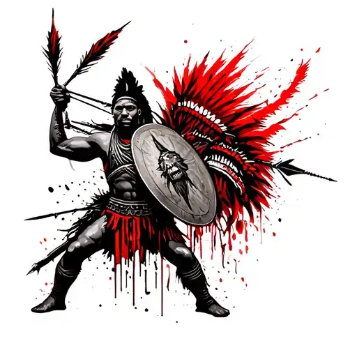 African warrior holding shield taking arrows from Native American demon tattoo design idea