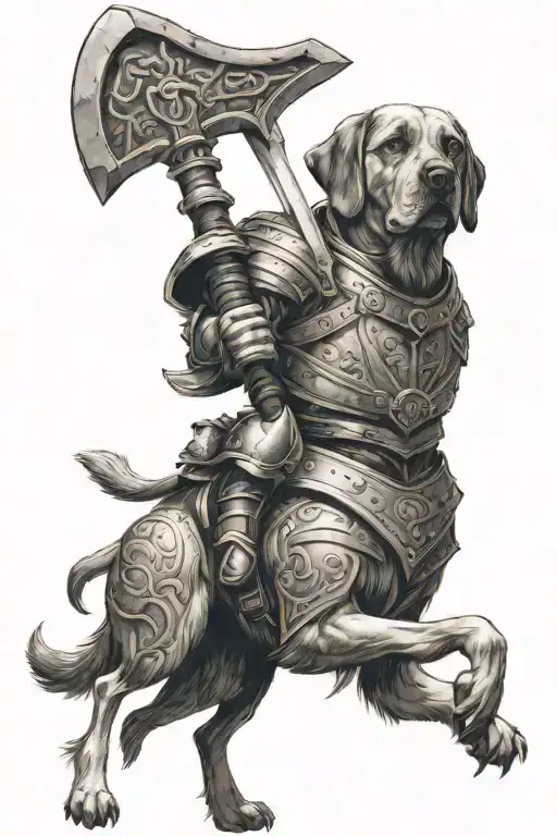 Knight weilding a giant war axe riding a large dog of terrier breed  tattoo design idea