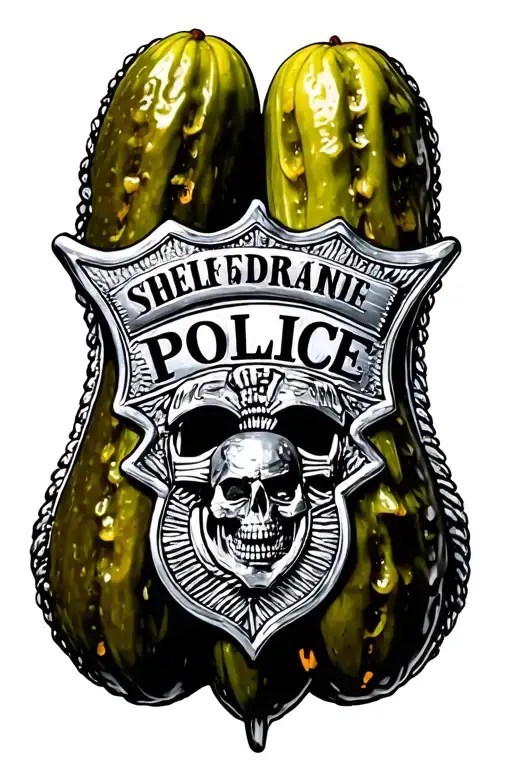  a single pickle with a police badge incorporated  tattoo design idea