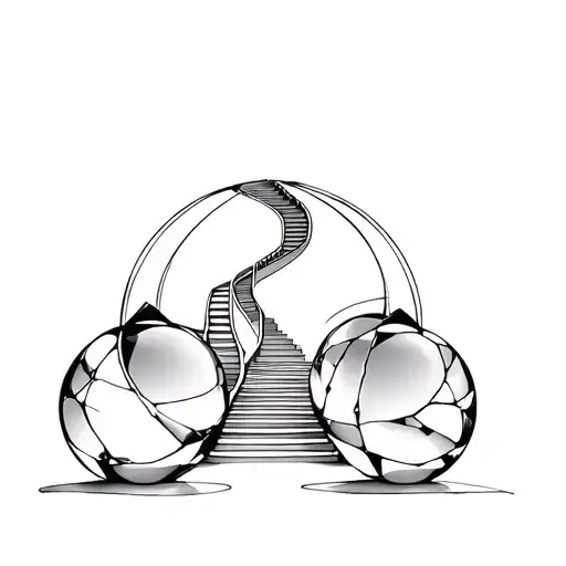 3 Labyrinth movie style crystal balls with the biggest one in the middle containing an MC Escher style staircase.  tattoo design idea