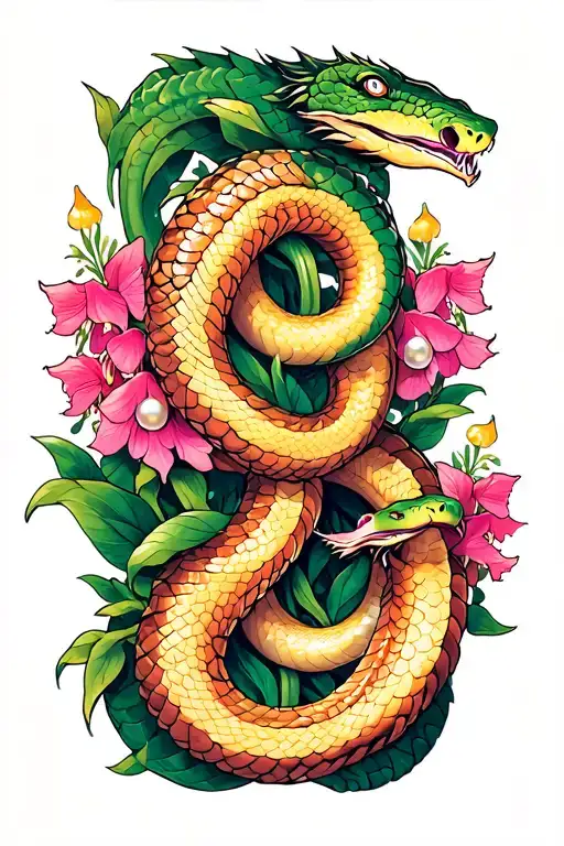 twin snakes wrapped around stems of snapdragons with pearl stones in each mouth tattoo design idea