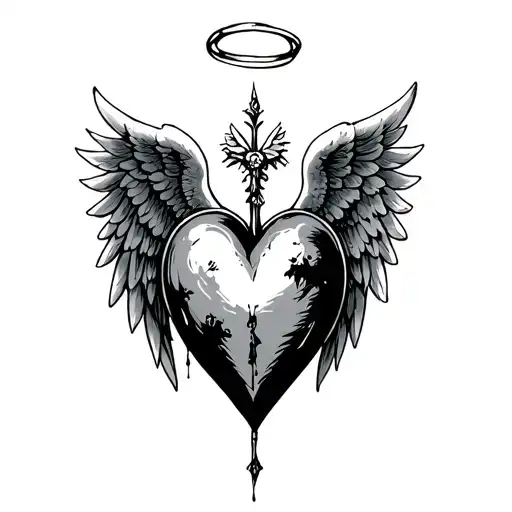 heart with wings and a halo above it tattoo design idea