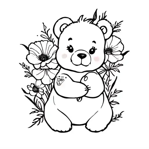 care bear and poppy flowers in belly tattoo design idea