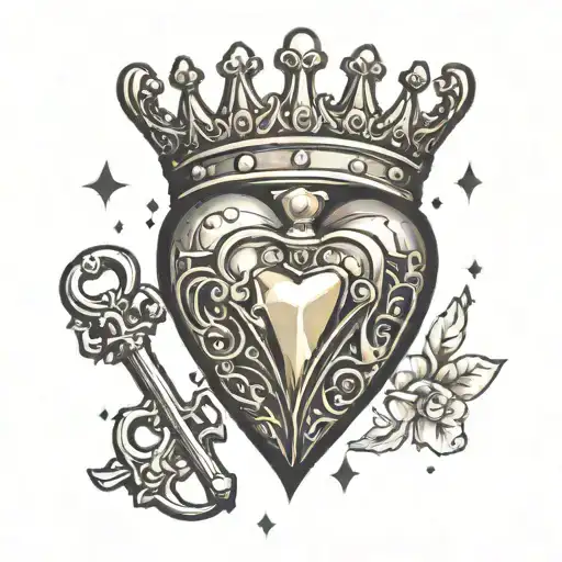 a heart with a key and crown with diamonds sparkles tattoo design idea