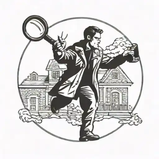 A silhouette of Jack Reacher standing tall and strong, with a magnifying glass in hand, symbolizing the 110th Special Investigators tattoo design idea