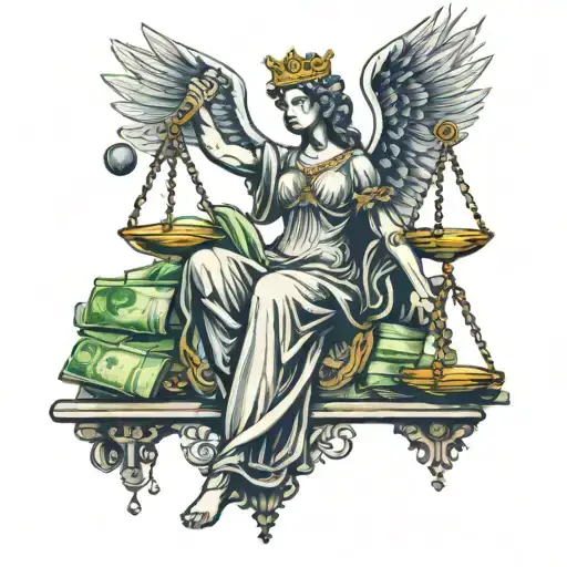 lady justice with money out weighing the gavel  tattoo design idea