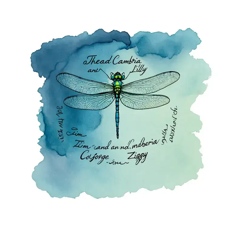 coheed and Cambria dragonfly with the names Tim George lilly and Ziggy written around it tattoo design idea