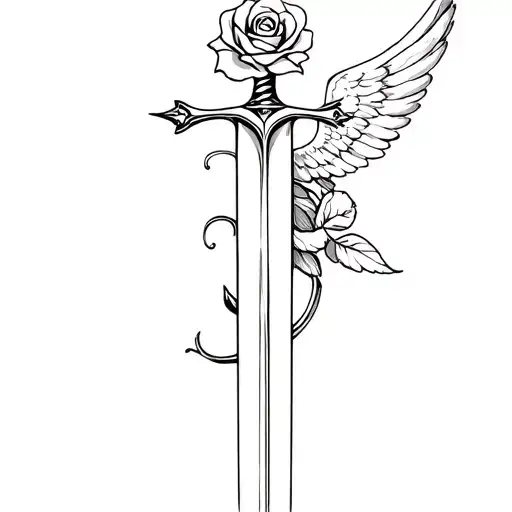Archangel michael's sword intertwined with a rose intertwined (black and white) tattoo design idea