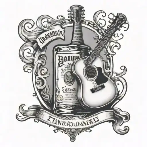 a guitar leaning on a Tennesee whiskey Jack Daniels bottle tattoo design idea